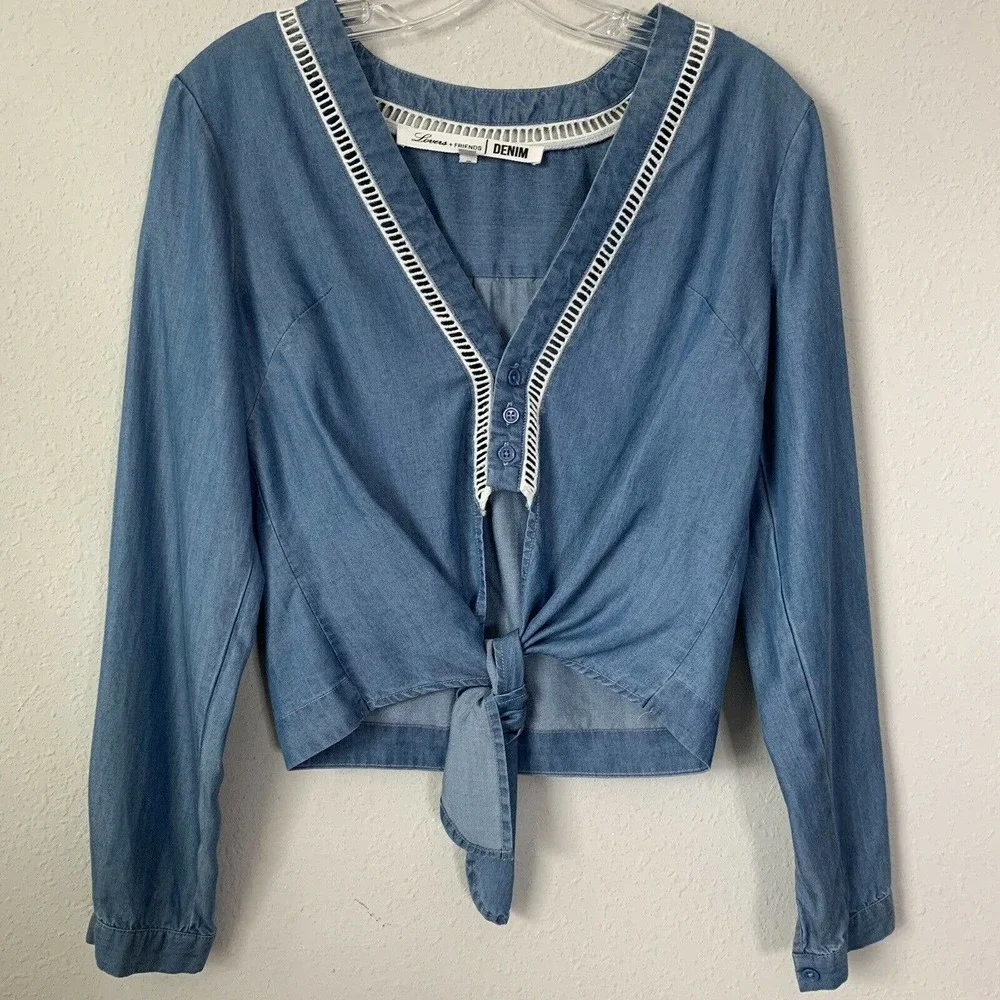 Lovers + Friends Denim Chambray Long Sleeve Tie Front Crop Top - Picture 2 of 6